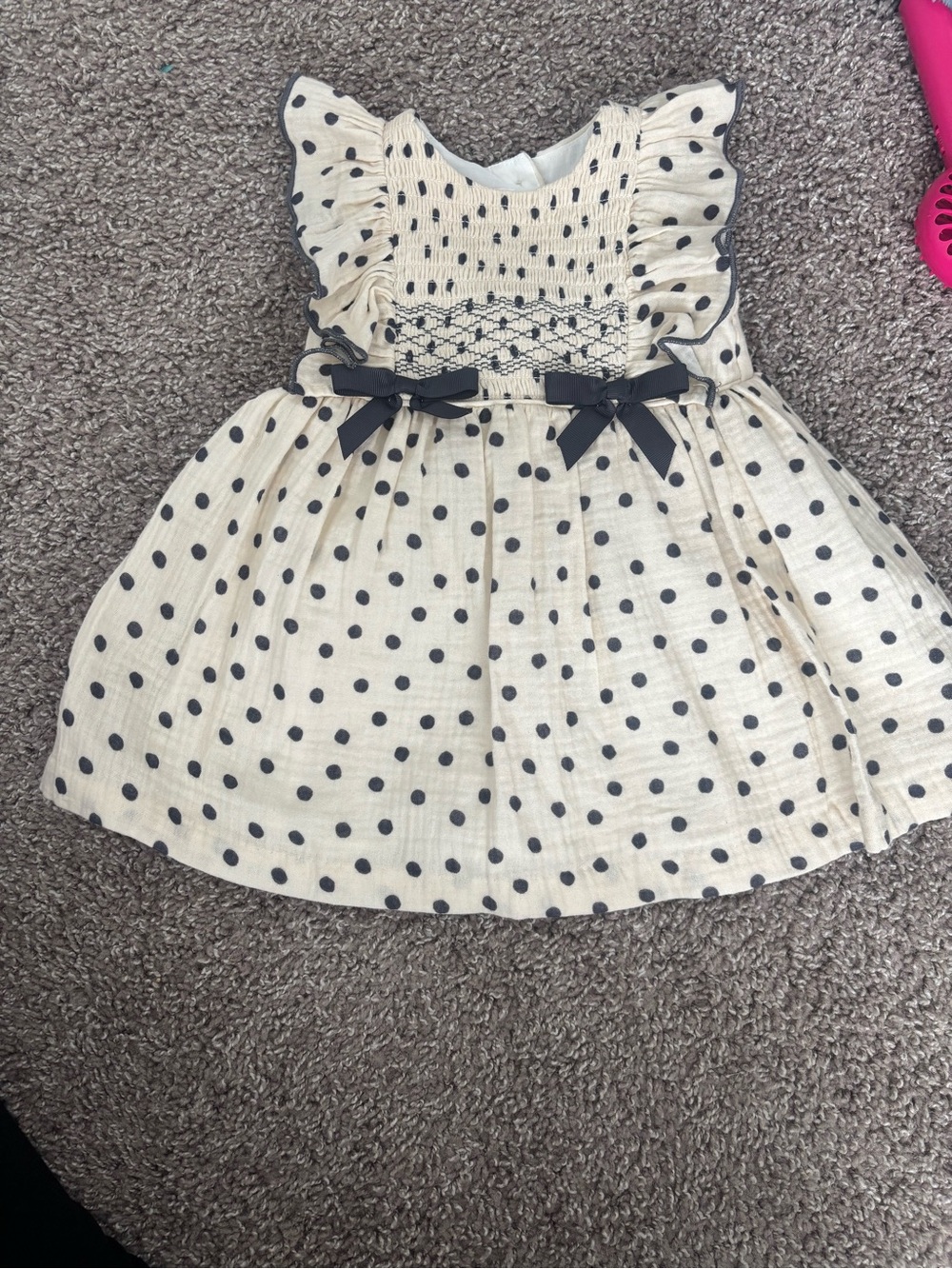 Bonnie Baby Cream Dress with Black Polka Dots and Black Bows
